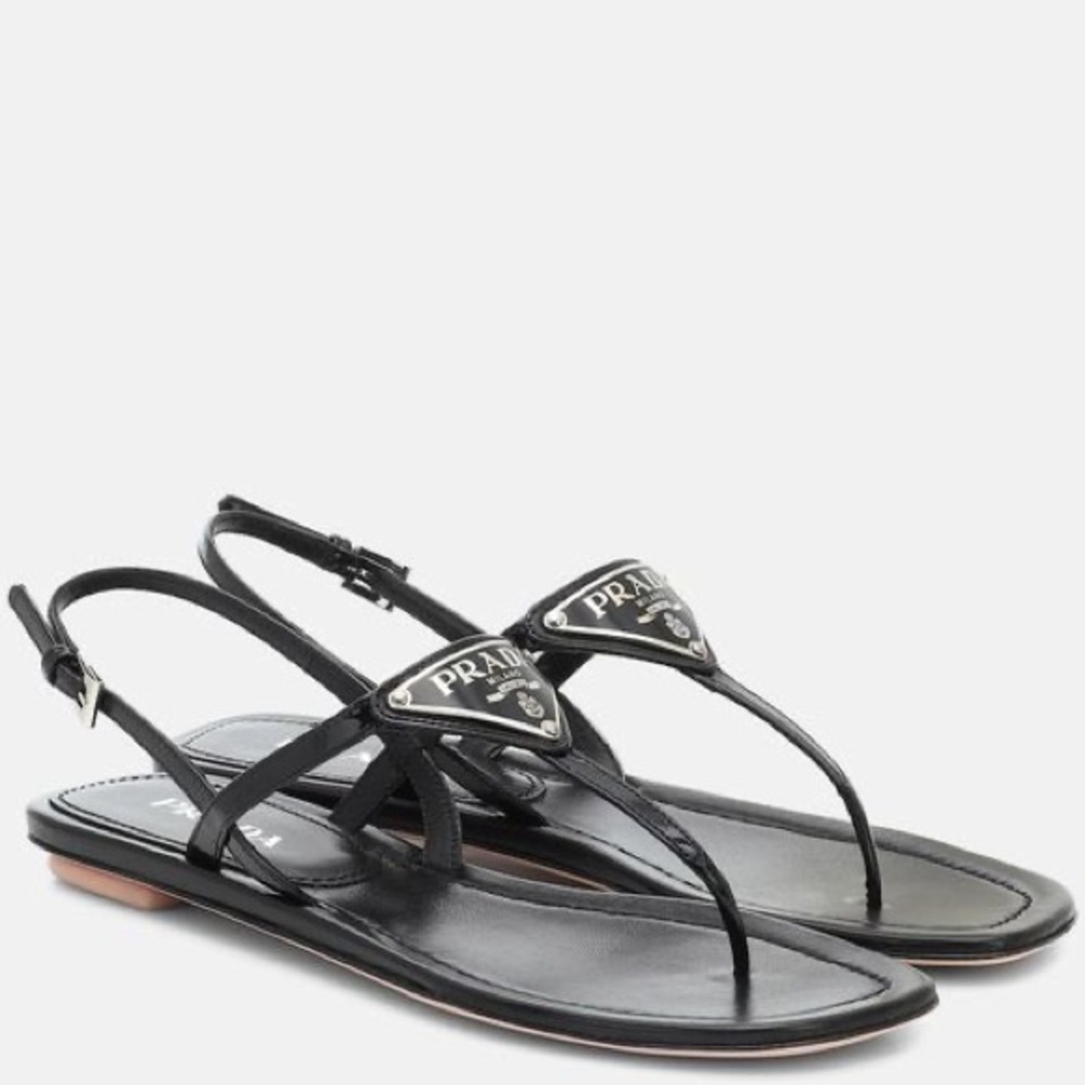 Prada Black Patent Leather Logo Thong Sandal